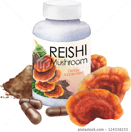 Realistic watercolor plastic bottle of a Reishi mushroom supplement with pills and powder. Realistic watercolor plastic bottle of a Reishi mushroom supplement with pills and powder. 124338233