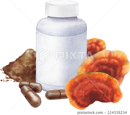 Realistic watercolor plastic bottle of a Reishi mushroom supplement with pills and powde 124338234