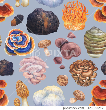 Watercolor seamless pattern of a various medicinal mushrooms 124338247