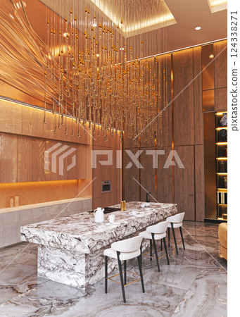 Luxurious kitchen with marble island and gold accents 124338271