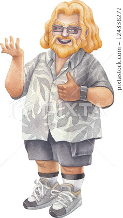 A cheerful bearded Watercolor man in a Hawaiian shirt holds something in his hand, smiling and giving a thumbs-up 124338272