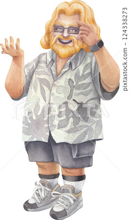 A cheerful bearded watercolor man in a Hawaiian shirt holds something in his hand, smiling and pointing on his head. A cheerful bearded watercolor man in a Hawaiian shirt holds something in his hand, smiling and pointing on his head. 124338273