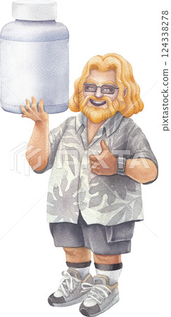 A cheerful bearded man in a Hawaiian shirt holds a large bottle of vitamins, smiling and giving a thumbs-up 124338278