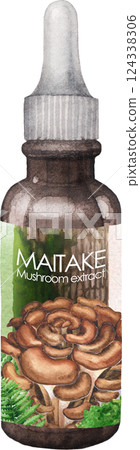 Realistic watercolor glass bottle of an Maitake mushroom extract isolated on a white background Realistic watercolor glass bottle of an Maitake mushroom extract isolated on a white background 124338306