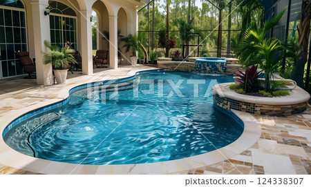 Luxury swimming pool with tropical plants and stone path. Poolside patio in mediterranean villa. Backyard view with sundeck, chaise lounges and garden. Holiday resort hotel.2 124338307