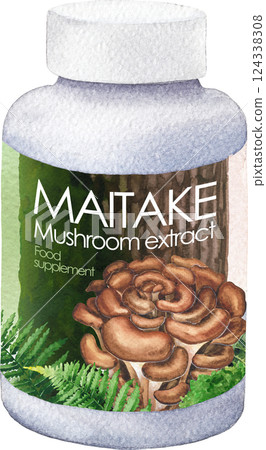 Realistic watercolor plastic bottle of an Maitake mushroom supplement isolated on a black background Realistic watercolor plastic bottle of an Maitake mushroom supplement isolated on a black background 124338308