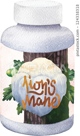 Realistic watercolor plastic bottle of a Lion's Mane mushroom supplement isolated on a black background 124338318
