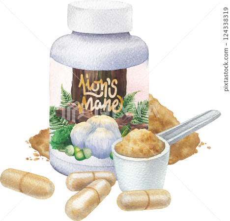 Realistic watercolor plastic bottle of a Lion's Mane mushroom supplement with pills and powder. 124338319