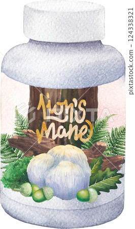Realistic watercolor plastic bottle of a Lion's Mane mushroom supplement isolated on a white background 124338321