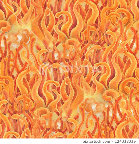 Seamless pattern of a realistic watercolor Cordyceps mushrooms 124338339