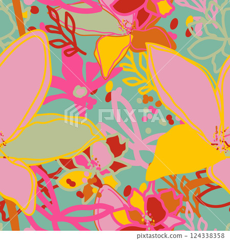 Exotic hand drawn flowers, seamless pattern with floral for fabric, textiles, clothing, wrapping paper, cover, banner, home decor, abstract background 124338358