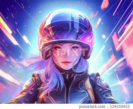Illustration of a female rider wearing a helmet 124338422