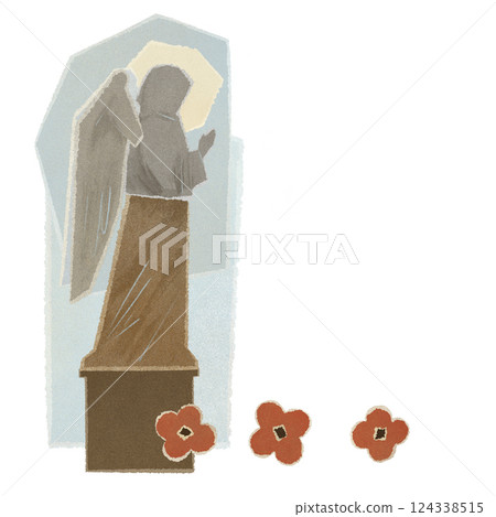 Statue of praying angel and poppies, illustration isolated on white background Statue of praying angel and poppies, illustration isolated on white background 124338515