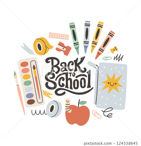 Back to school label. School Background Poster Card. Sale tag. Flat vector illustration. Hand drawn lettering badge. Typography emblem 124338645