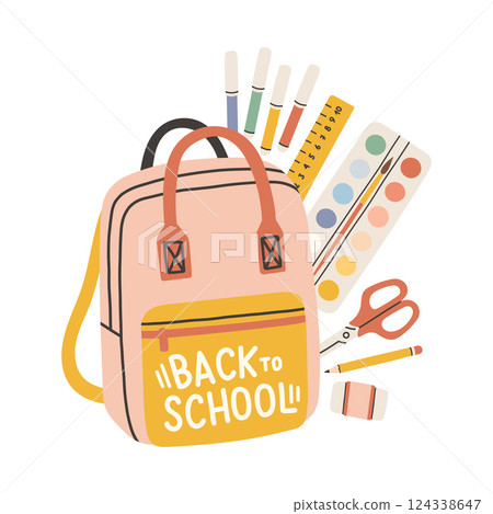 Back to school label. School Background Poster Card. Sale tag. Flat vector illustration. Hand drawn lettering badge. Typography emblem Back to school label. School Background Poster Card. Sale tag. Flat vector illustration. Hand drawn lettering badge. Typography emblem 124338647