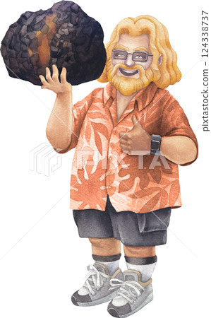 A cheerful bearded man in a Hawaiian shirt holds a large Chaga mushroom, smiling and giving a thumbs-up 124338737