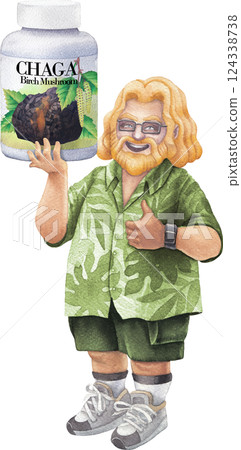 Watercolor man in a Hawaiian shirt holds a bottle of Chaga mushroom supplements, smiling and giving a thumbs-up. Watercolor man in a Hawaiian shirt holds a bottle of Chaga mushroom supplements, smiling and giving a thumbs-up. 124338738