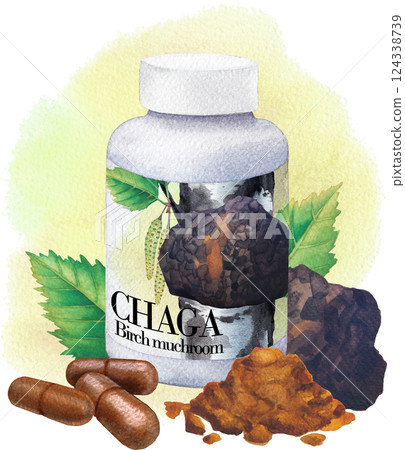 Realistic watercolor plastic bottle of an Chaga mushroom supplement decorated with Birch leaves and catkins. 124338739