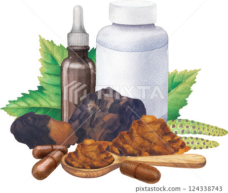 Realistic watercolor plastic bottle of an Chaga mushroom supplement decorated with Birch leaves and catkins. 124338743