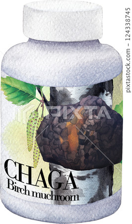 Realistic watercolor plastic bottle of a Chaga mushroom supplement 124338745