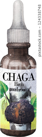 Realistic watercolor glass bottle of a Chaga mushroom extract 124338748