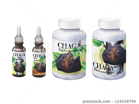 Realistic watercolor plastic and glass bottles of a Chaga mushroom supplements and extract Realistic watercolor plastic and glass bottles of a Chaga mushroom supplements and extract 124338749