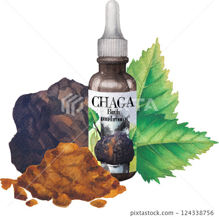 Realistic watercolor glass bottle of a Chaga extract decorated with mushroom, Birch leaves and powder 124338756