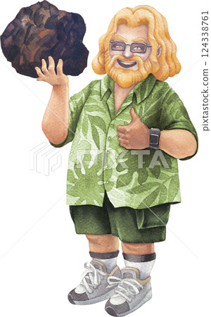 A cheerful bearded man in a Hawaiian shirt holds a Chaga mushroom, smiling and giving a thumbs-up 124338761