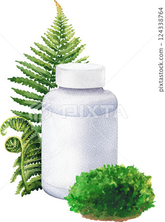 Realistic watercolor plastic vitamins bottle with a blank label and decorated with fern leaves and moss 124338764