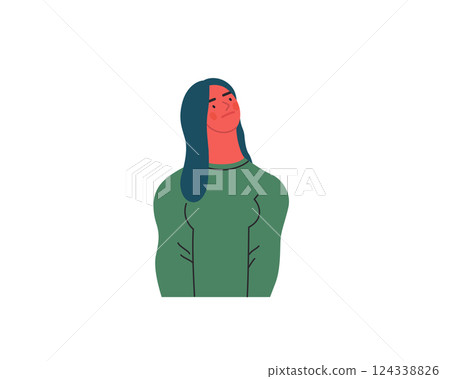 Thinking people, modern flat vector concept illustration- woman standing thoughtfully, looking upwards. Metaphor for reflection, analysis, introspection, contemplation, deep thought Thinking people, modern flat vector concept illustration- woman standing thoughtfully, looking upwards. Metaphor for reflection, analysis, introspection, contemplation, deep thought 124338826