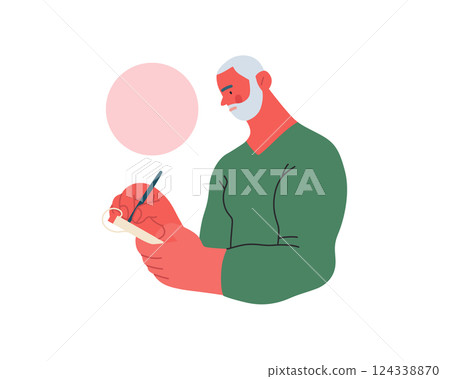 Writing people, modern flat vector concept illustration- standing man thoughtfully writing on notebook, bubble near head Metaphor for reflection, personal insight, contemplation, creative expression 124338870