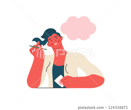 Writing people, modern flat vector concept illustration- sitting woman thoughtfully writing on paper, bubble near head Metaphor for reflection, personal insight, contemplation, creative expression 124338871