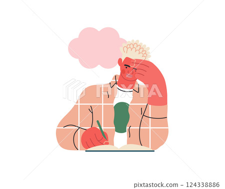 Writing people, modern flat vector concept illustration- sitting man thoughtfully writing on notebook, bubble near head Metaphor for reflection, personal insight, contemplation, creative expression 124338886