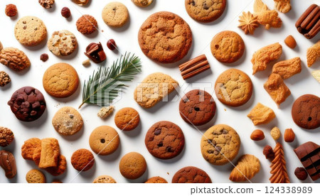 AI image: Various types of cookies lined up on a white background AI image: Various types of cookies lined up on a white background 124338989