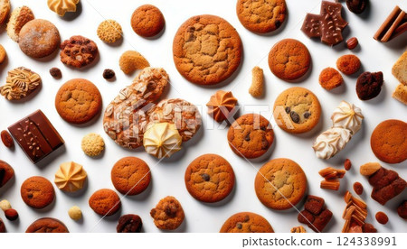 AI 圖像：白色背景上排列的各種類型的餅乾 124338991