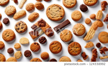 AI 圖像：白色背景上排列的各種類型的餅乾 124338992