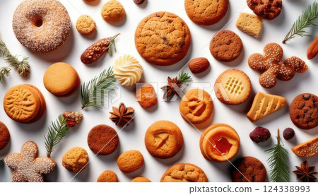 AI image: Various types of cookies lined up on a white background AI image: Various types of cookies lined up on a white background 124338993