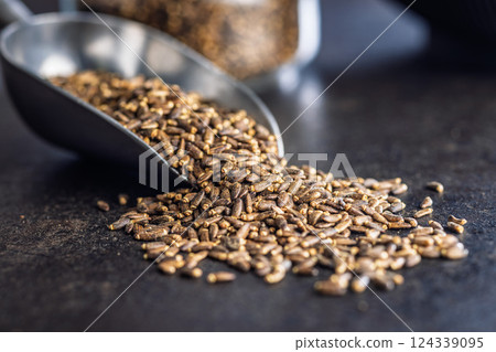 Milk thistle seeds in scoop on black table. Milk thistle seeds in scoop on black table. 124339095