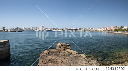 The harbour in La Coruna in Spain as seen from the castle Castelo de San Anton 124339202