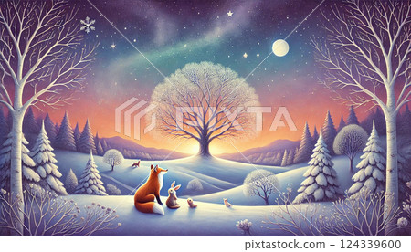 故事講的是在一個安靜的冬夜，動物們凝視著一棵被星空和月亮照亮的大樹。 124339600