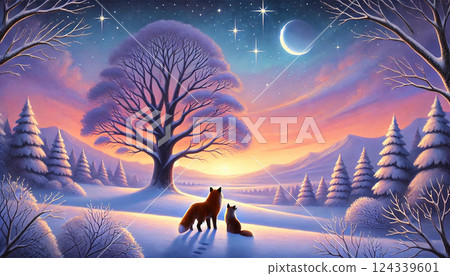 兩隻狐狸站在一棵大樹前，在星空和新月下凝視著寂靜的雪原的冬夜。 124339601