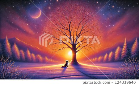 在繁星點點的冬日黃昏，一隻狐狸在一棵奇異的樹下凝視著落日，度過了一段寧靜的時光。 124339640