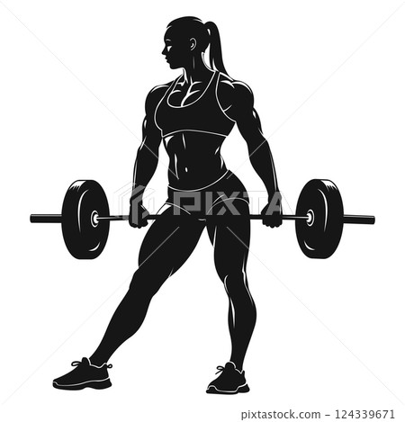 A Strong Woman Powerfully Lifting Weights in a Fitness Pose to Showcase Strength and Confidence 124339671