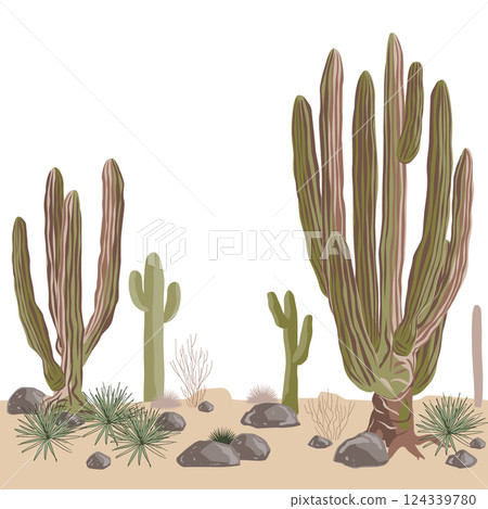 Desert seamless pattern with saguaro and giant cardon cacti. Wild American West landscape. Vector illustration 124339780