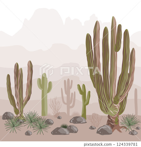 Desert seamless pattern with saguaro and giant cardon cacti, and mountains ranges. Wild American West landscape. Vector illustration 124339781