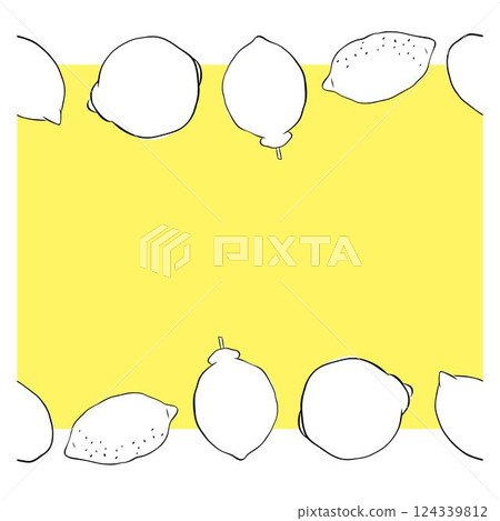 Lemon whole citric fruits seamless horizontal border frame. Hand drawn vector graphic line ink illustration. black and white Banner for menu, package, cosmetic, textile, cards 124339812