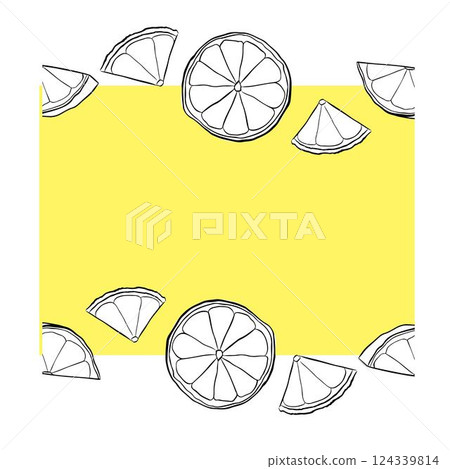 Citrus lemon slices horizontal seamless border frame. black and white colored Vector graphic line ink pattern background border. Design for menu, package, cosmetic, textile, package. 124339814