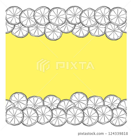 sliced citrus lemon orange seamless border frame. Graphic line ink vector yellow illustration with place for your text. Design for menu, package, cosmetic, textile. 124339818