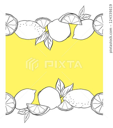 Lemons whole, slices and leaves horizontal seamless border frame background. black and white Vector graphic line ink illustration. Sample poster, party invitation, holiday banner, postcard. Lemons whole, slices and leaves horizontal seamless border frame background. black and white Vector graphic line ink illustration. Sample poster, party invitation, holiday banner, postcard. 124339819