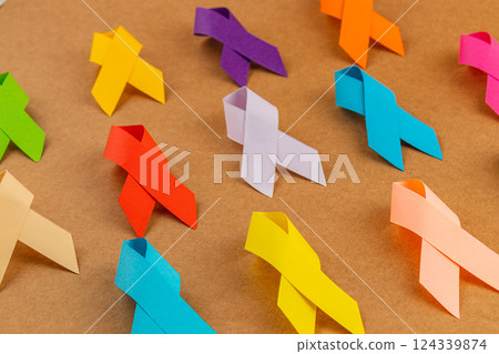Colorful awareness ribbons symbolizing support for various health campaigns 124339874